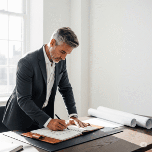 Mature handsome man grey hair and stubble writing in ledger at desk